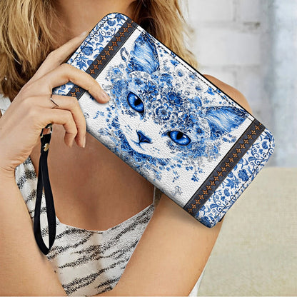 Shineful Leather Clutch Purse With Wristlet Strap Handle Blue Beauty Cat