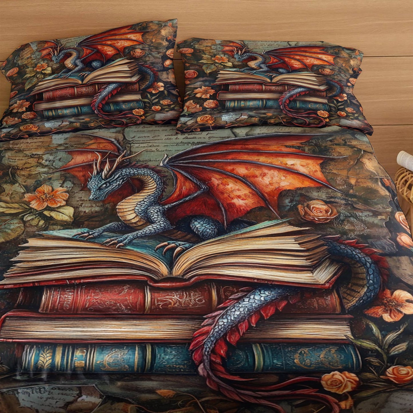 Shineful 4-Piece Bed Sheet Set Dragon Vintage Books