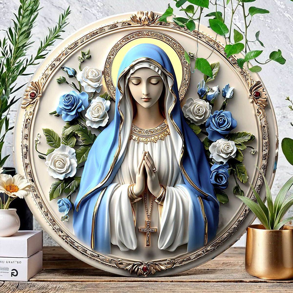 Shineful 2D Wooden Plaque, Hanging Decor, Door Sign - Peaceful Virgin Mary Roses