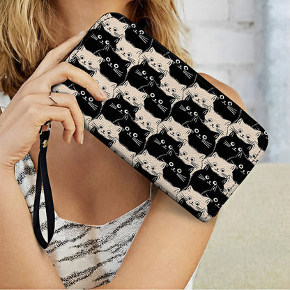 Shineful Leather Clutch Purse With Wristlet Strap Handle Cute Face Cats