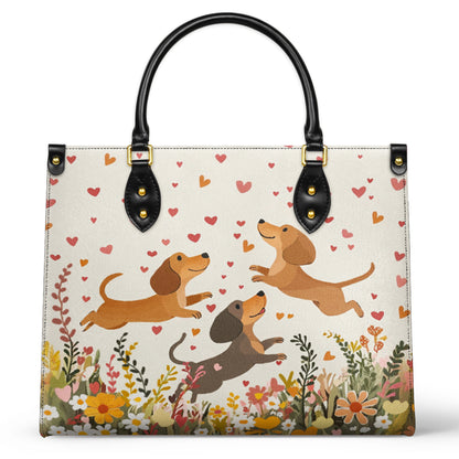 Sac en cuir brillant motif teckel floral avec cœur