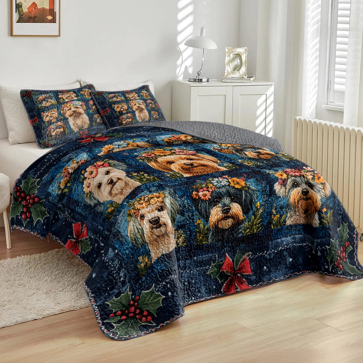 Shineful All Season Quilt 3-Piece Set - Yorkie Floral Dreams