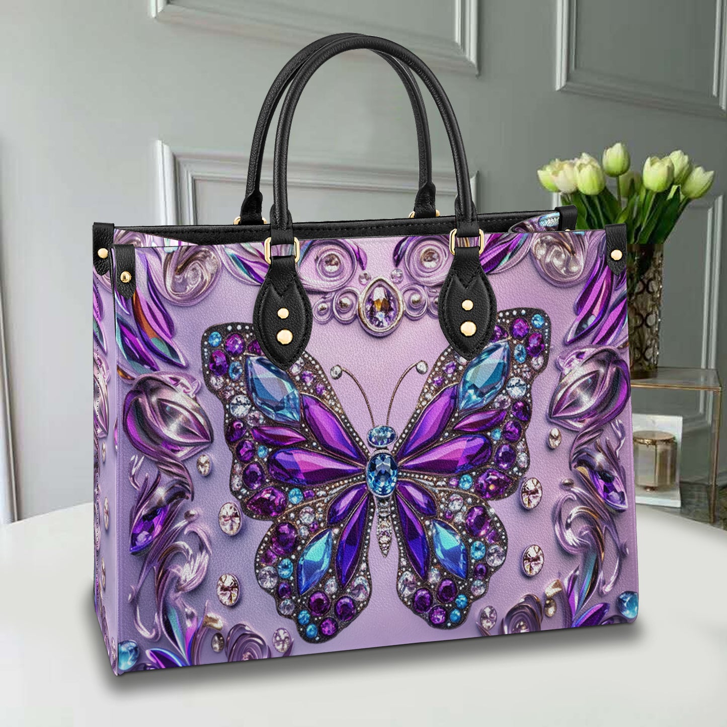 Sac en cuir brillant avec pierres précieuses et papillon élégant