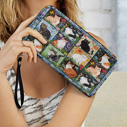 Shineful Leather Clutch Purse With Wristlet Strap Handle Cat Floral Felines