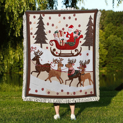 Shineful Woven Tapestry Throw Blanket - Cozy Santa Claus With Reindeer Pulling His Sleigh Full Of Gifts