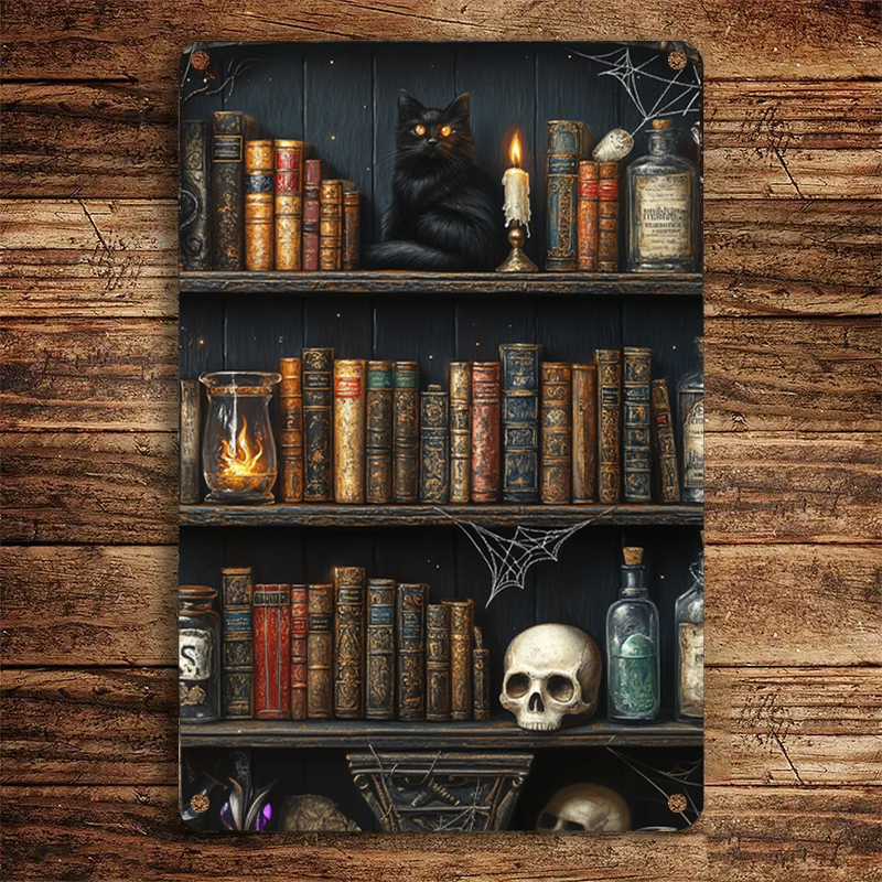 Shineful 2D Metal Sign Spooky Feline Bookshelf