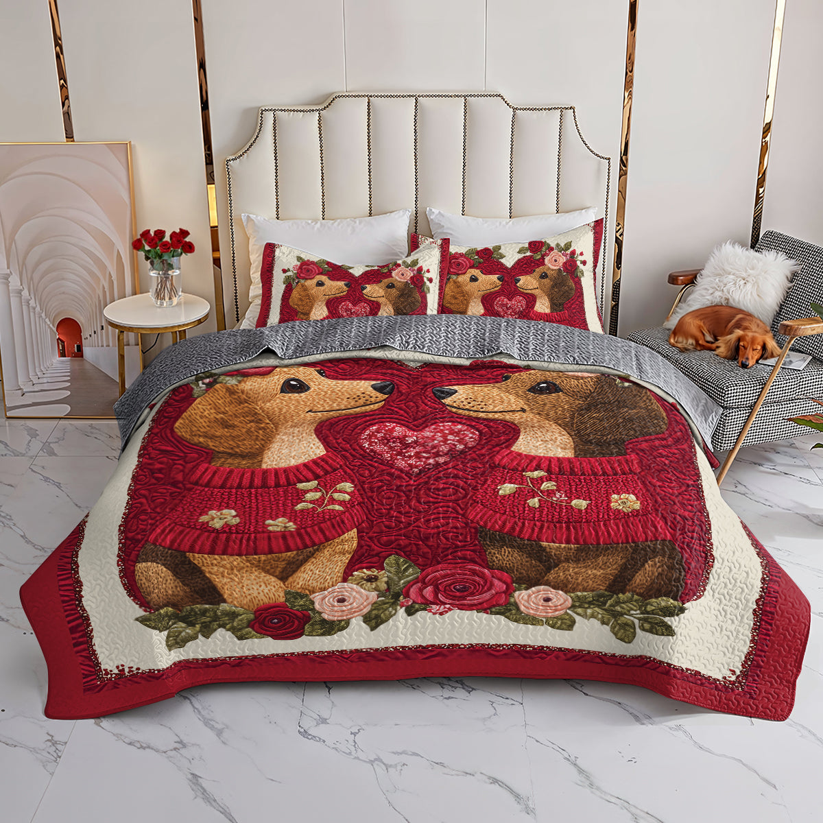 Shineful All Season Quilt 3-Piece Set Heart Floral Dachshund Couple