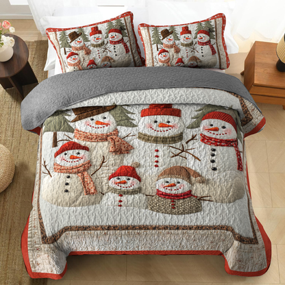 Shineful All Season Quilt 3-Piece Set - Flat Print Snowman Family