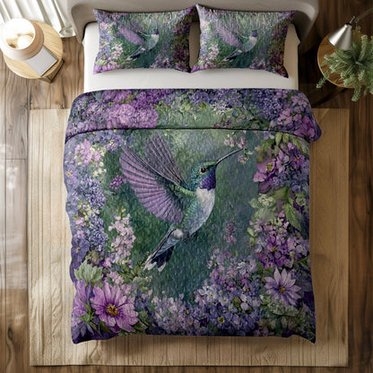 Shineful All Season Quilt 3-Piece Set Hummingbird In Purple Forest