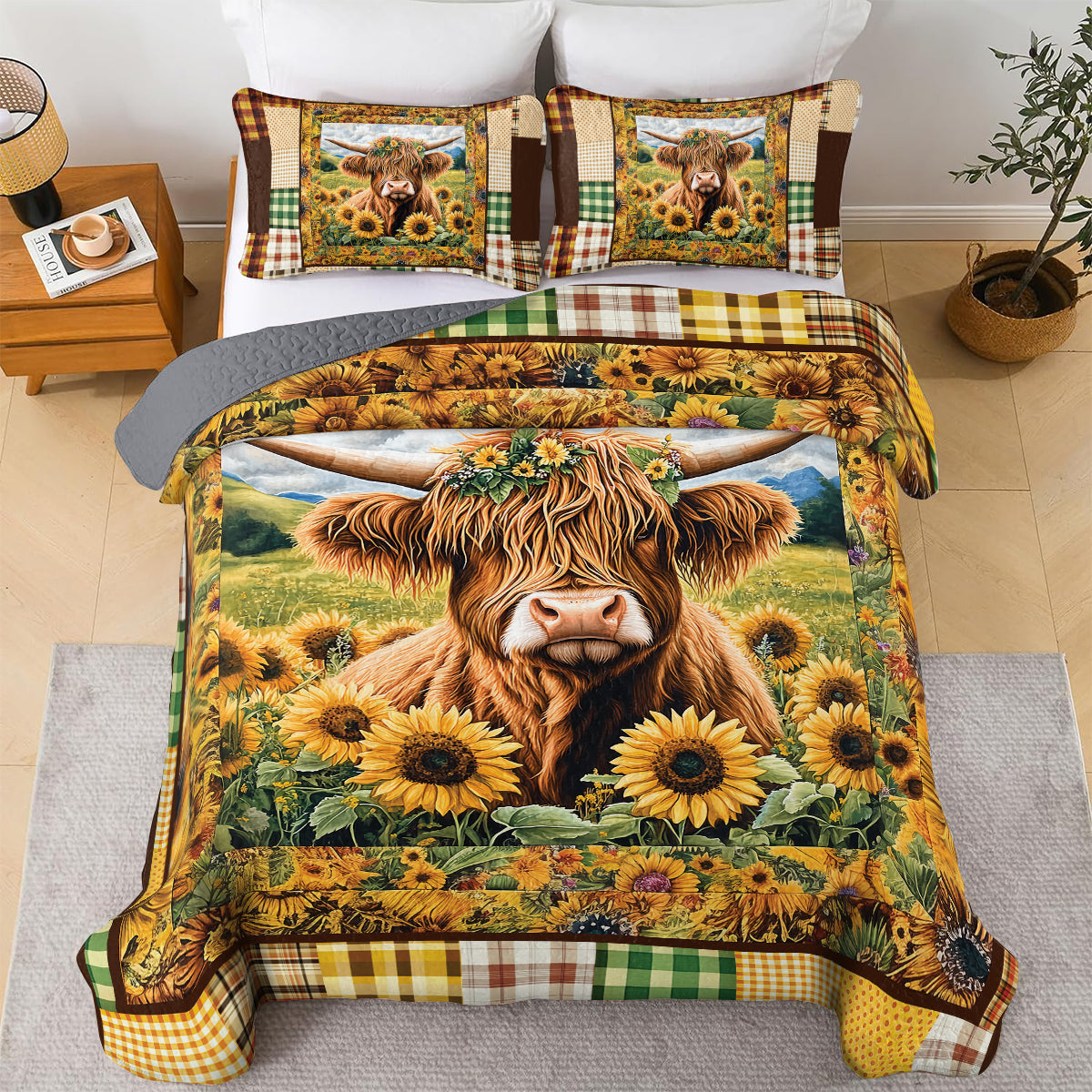 Ensemble de courtepointe toutes saisons Shineful 3 pièces - Couette rustique Highland Cow Farm