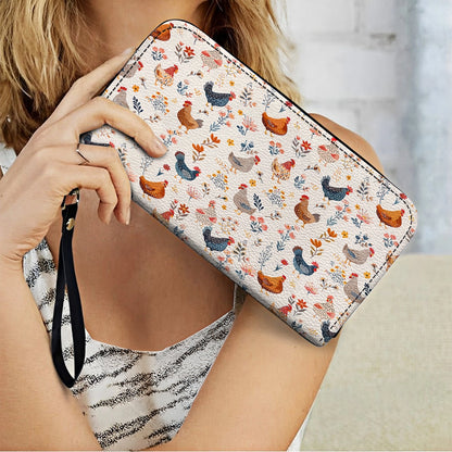 Shineful Leather Clutch Purse With Wristlet Strap Handle Chicken Flower