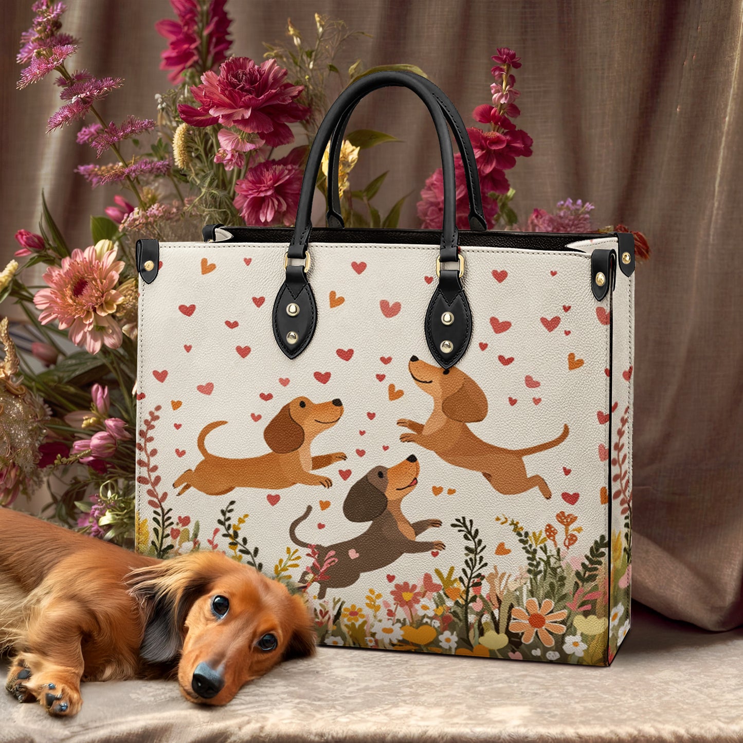 Shineful Leather Bag Floral Dachshund With Heart