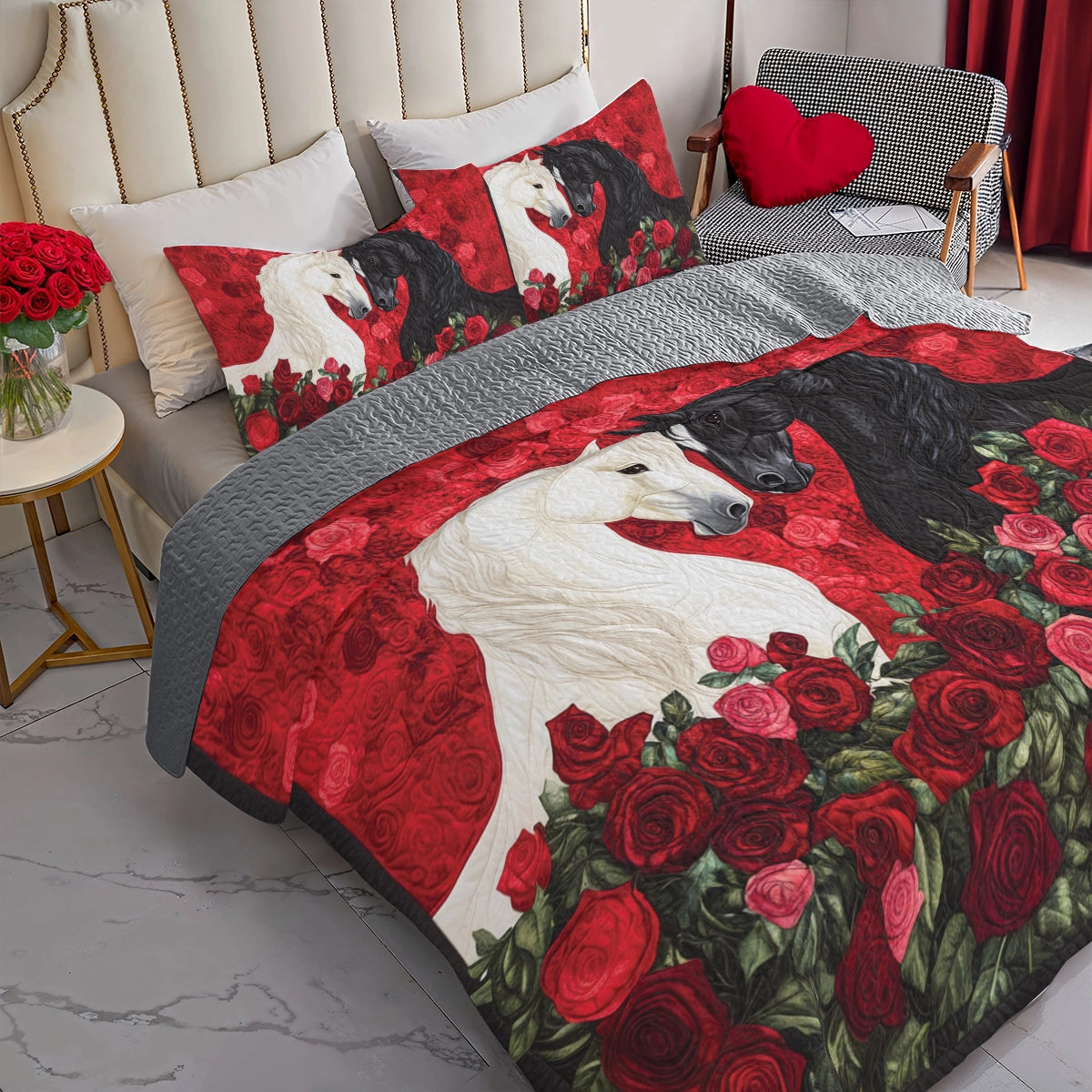 Shineful All Season Quilt 3-Piece Set Passionate Rose Horse