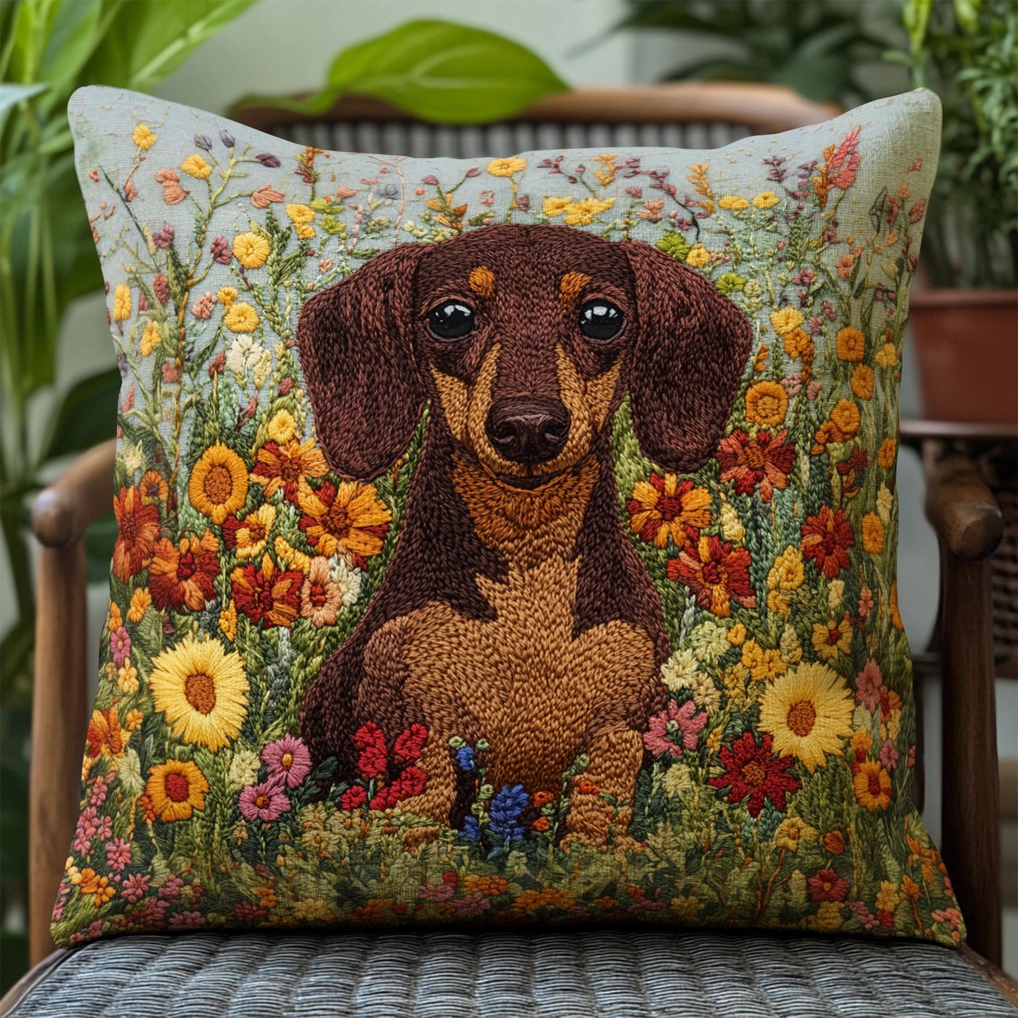 Shineful Pillow 2D Flat Print Dachshund Garden Bliss