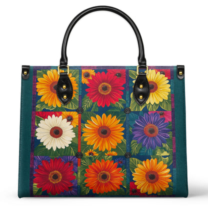 Sac en cuir brillant avec patch marguerite vibrant