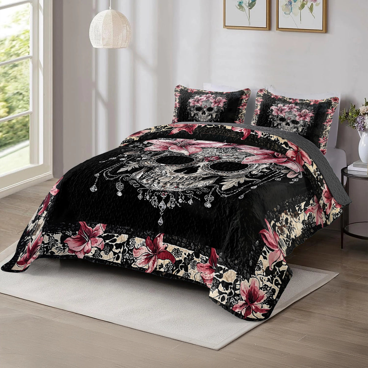 Shineful All Season Quilt 3-Piece Set - Beautiful Sugar Skull With Lilies