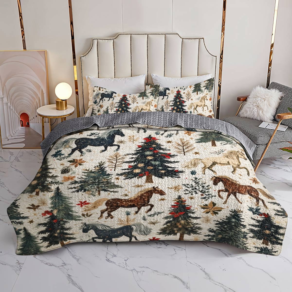 Shineful All Season Quilt 3-Piece Set Merry Christmas Gentle Horses