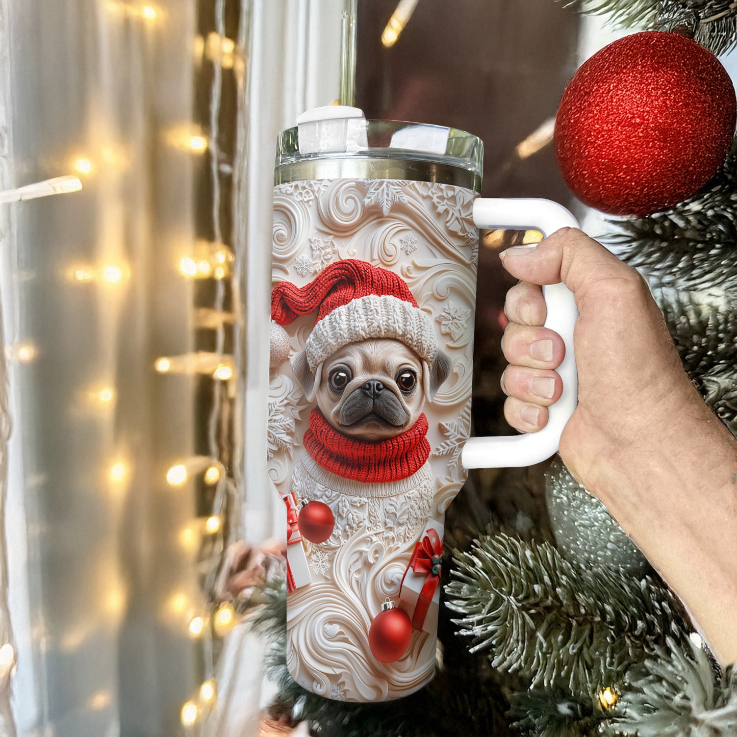 Shineful Glossy Tumbler Snowy Christmas Pug