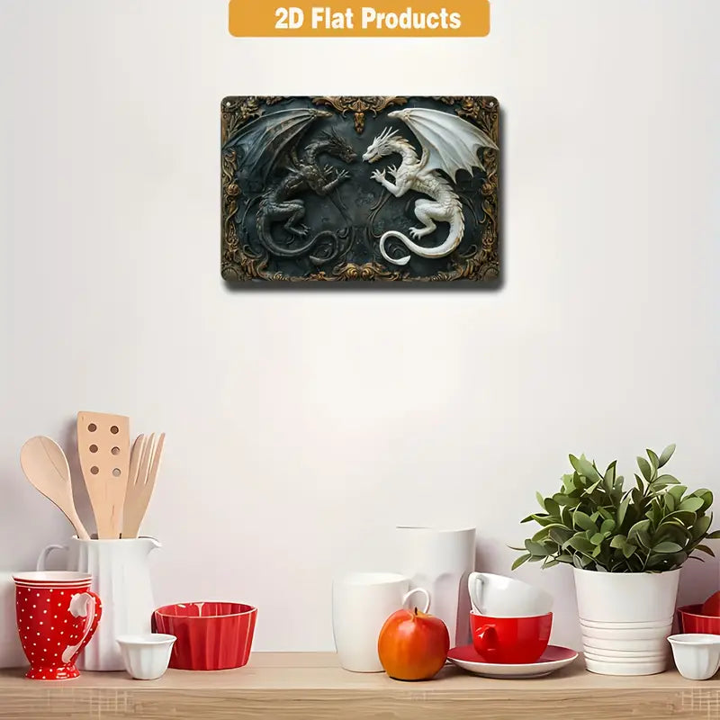 Shineful Metal Sign 2D Retro-Style Black-White Dragon