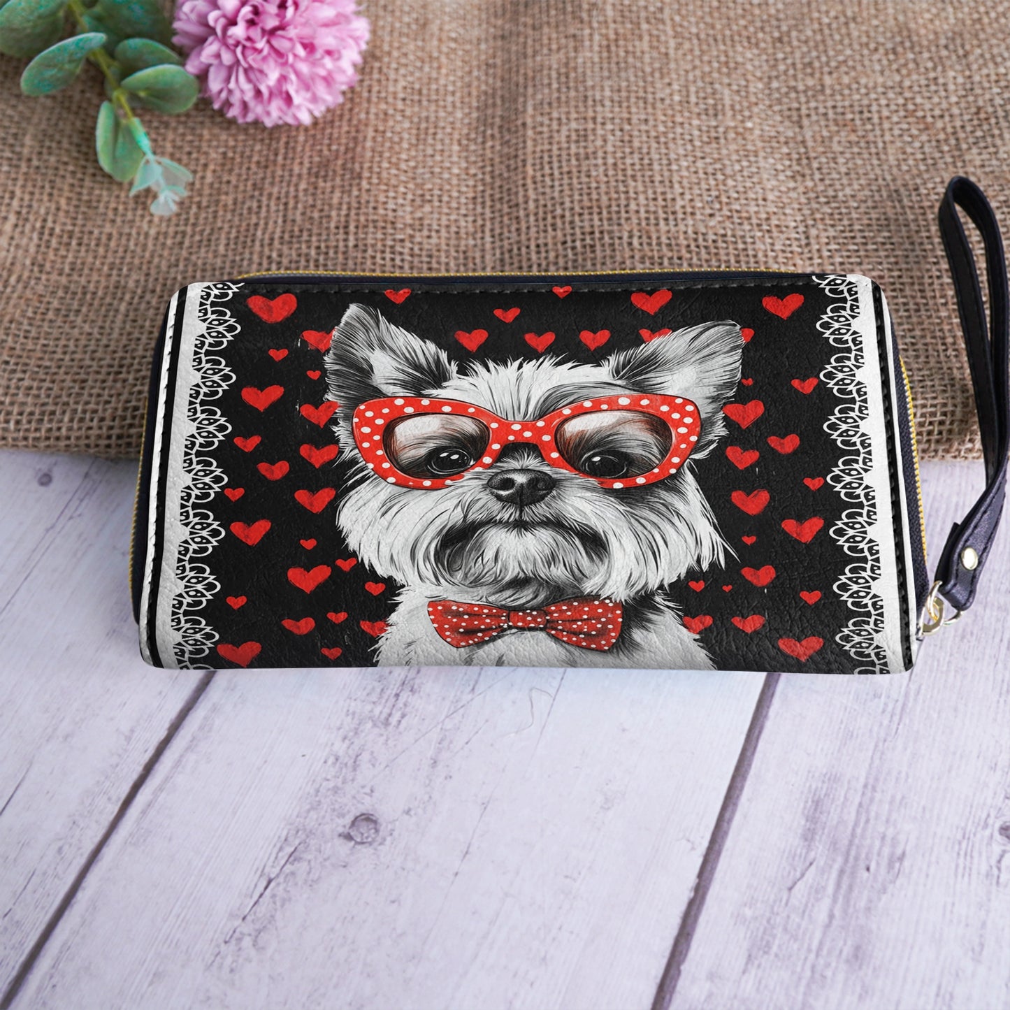 Pochette en cuir brillante avec dragonne Yorkie Heart &amp; Paws Love