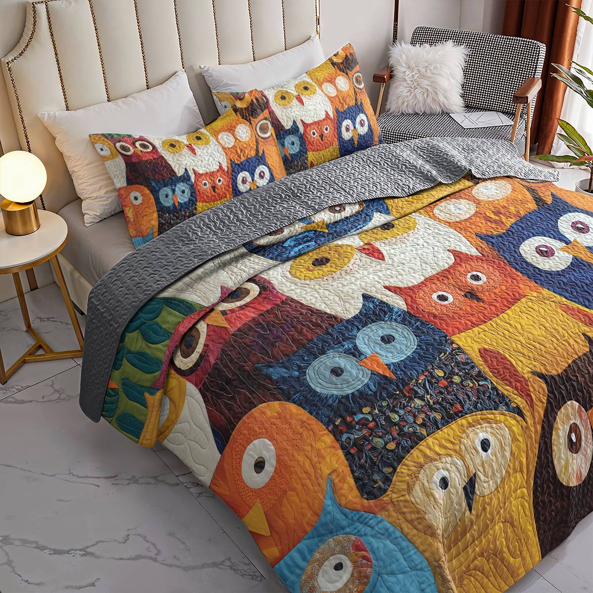 Shineful All Season Quilt 3-Piece Set - Colorful Owl Gathering