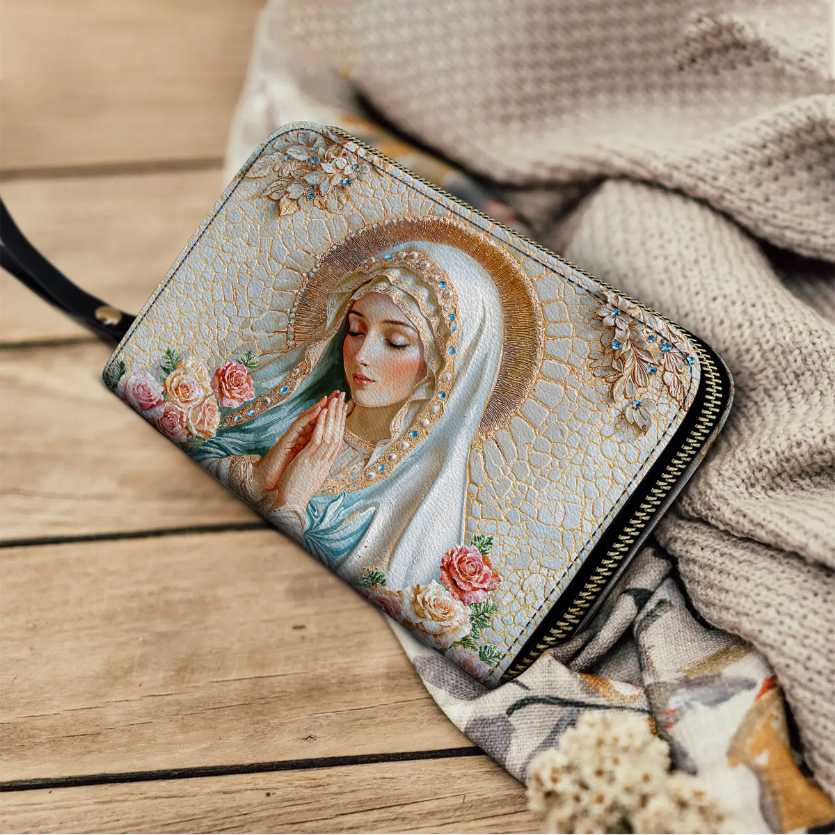 Shineful Leather Clutch Purse With Wristlet Strap Handle Graceful Serenity Virgin Mary