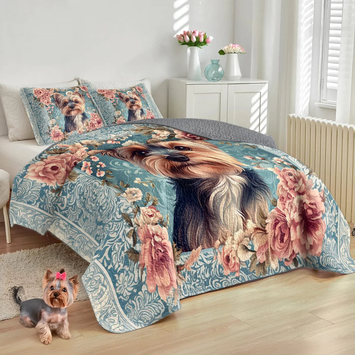 Shineful All Season Quilt 3-Piece Set Yorkie Rose Bloom Elegance