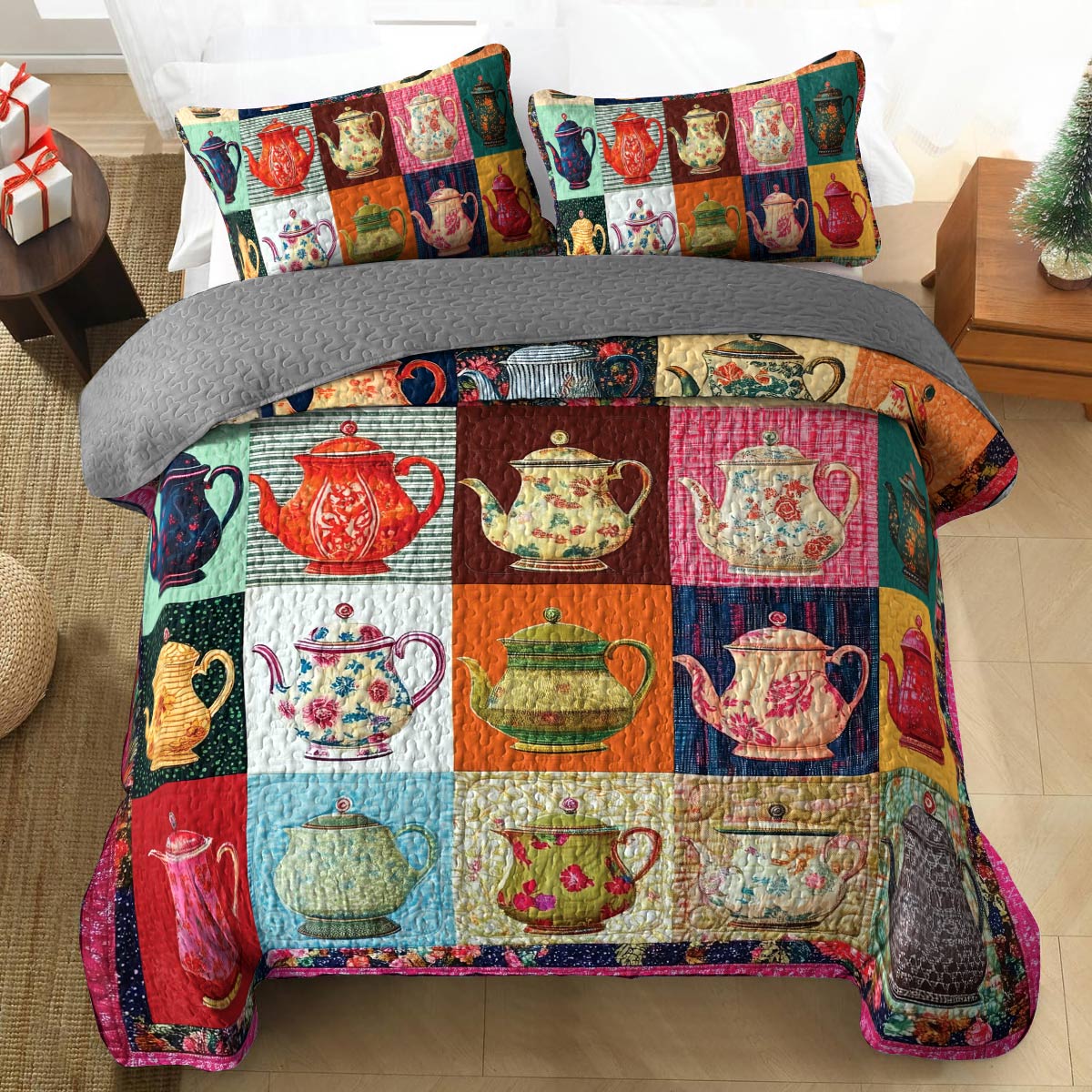 Shineful All Season Quilt 3-teiliges Set - Vintage Teekanne Patchwork 