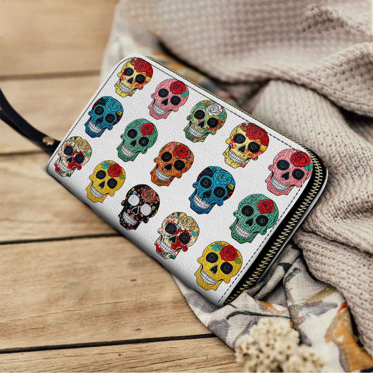 Shineful Leather Clutch Purse With Wristlet Strap Handle Colorful Sugar Skull Roses