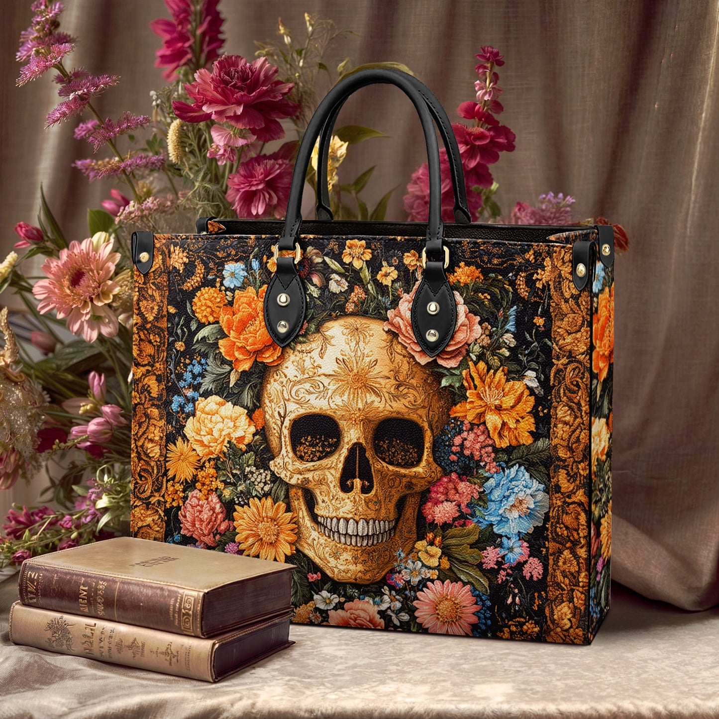 Sac en cuir brillant baroque Skull Blossom