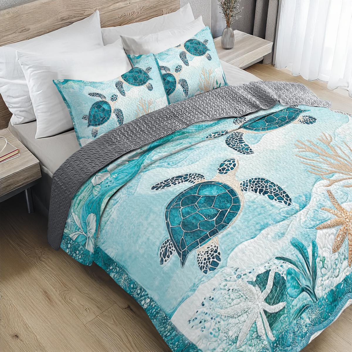 Shineful All Season Quilt 3-Piece Set - Elegant Sea Turtle