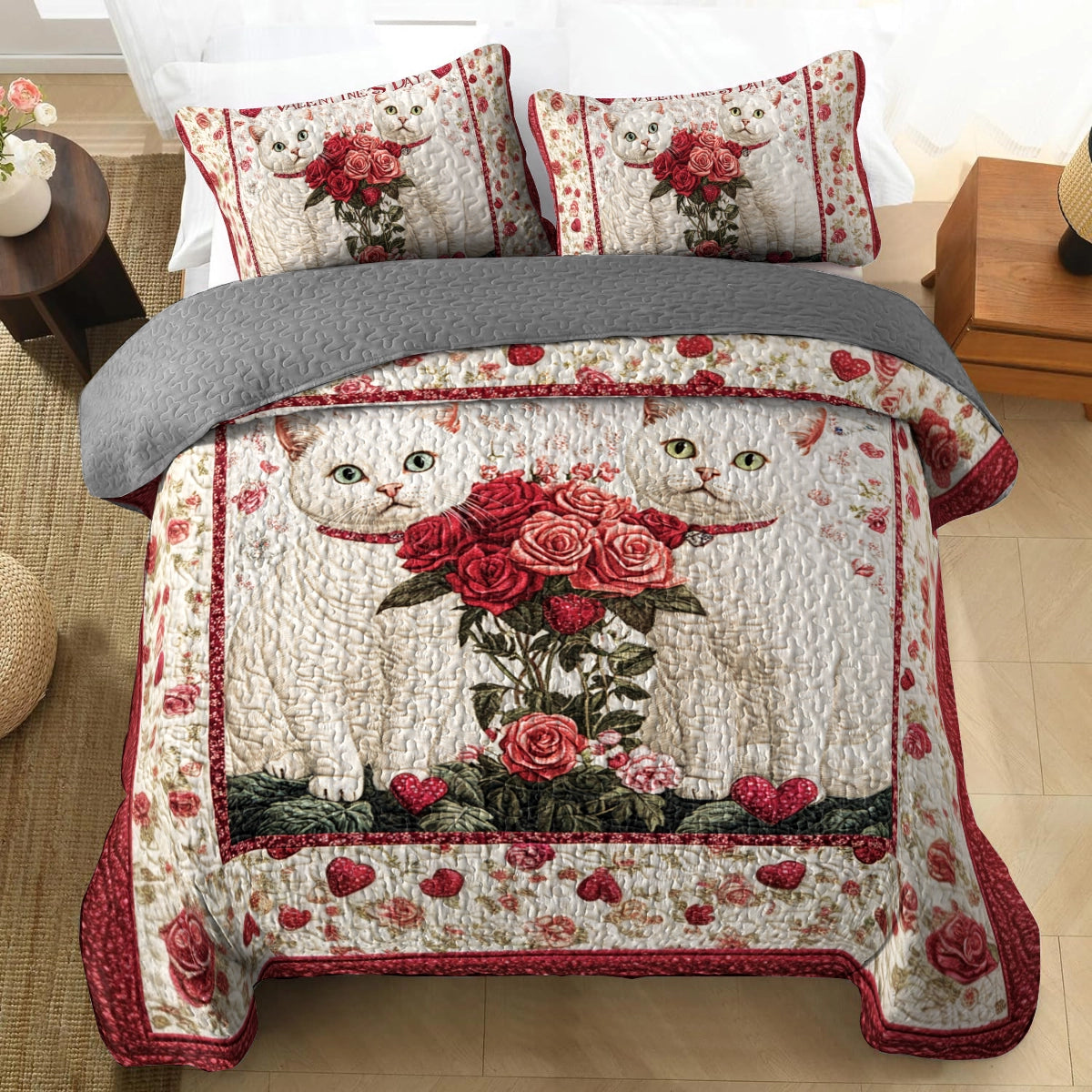 Shineful All Season Quilt 3-Piece Set Lovely Cats Valentine