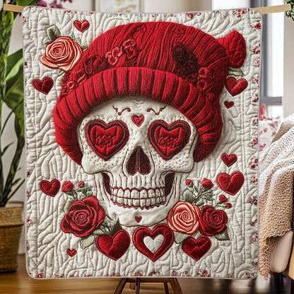 Shineful Flat Print Faux Quilt Blanket - Romantic Skull Art with Roses and Heartful Elegance