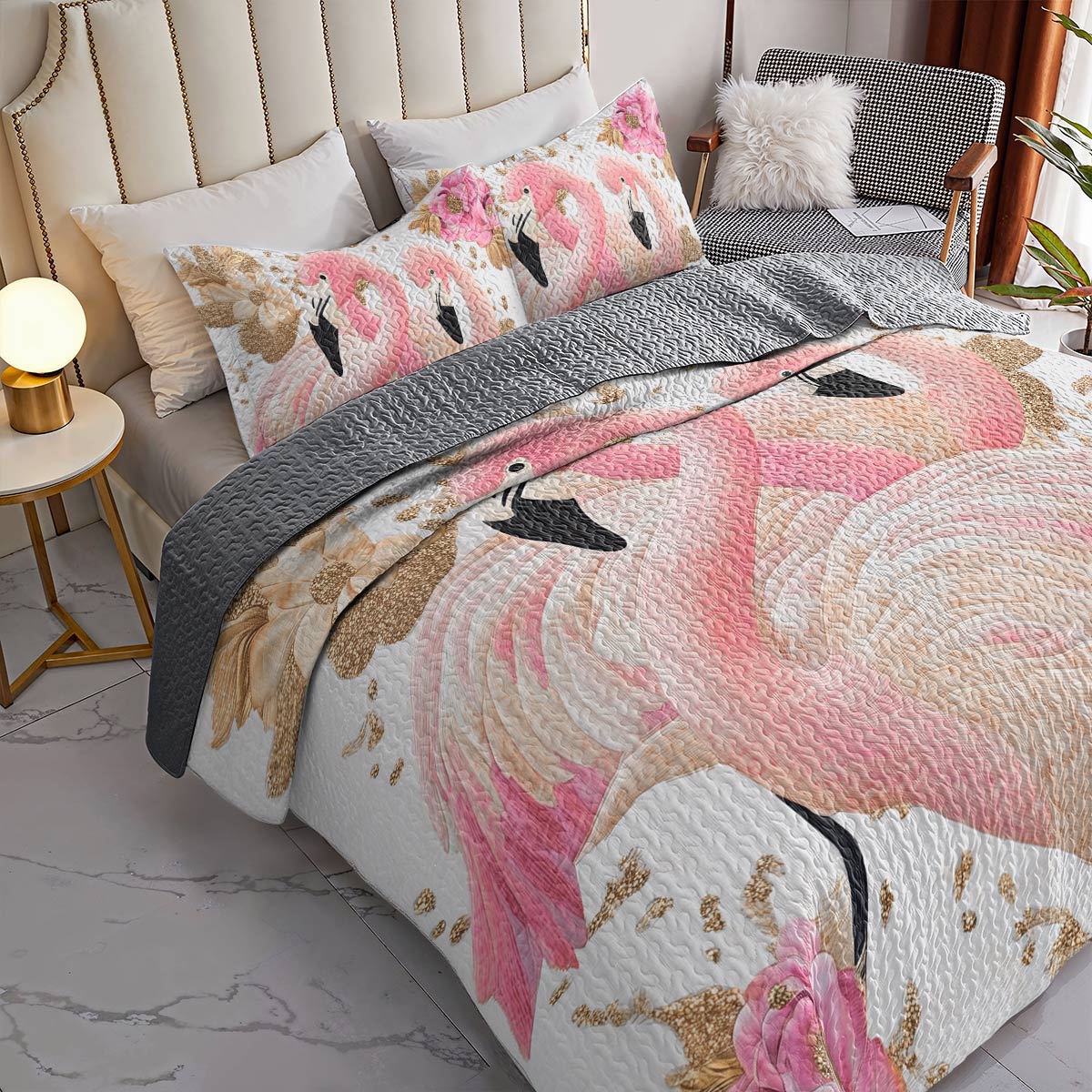 Shineful All Season Quilt 3-Piece Set - Golden Elegance Flamingo