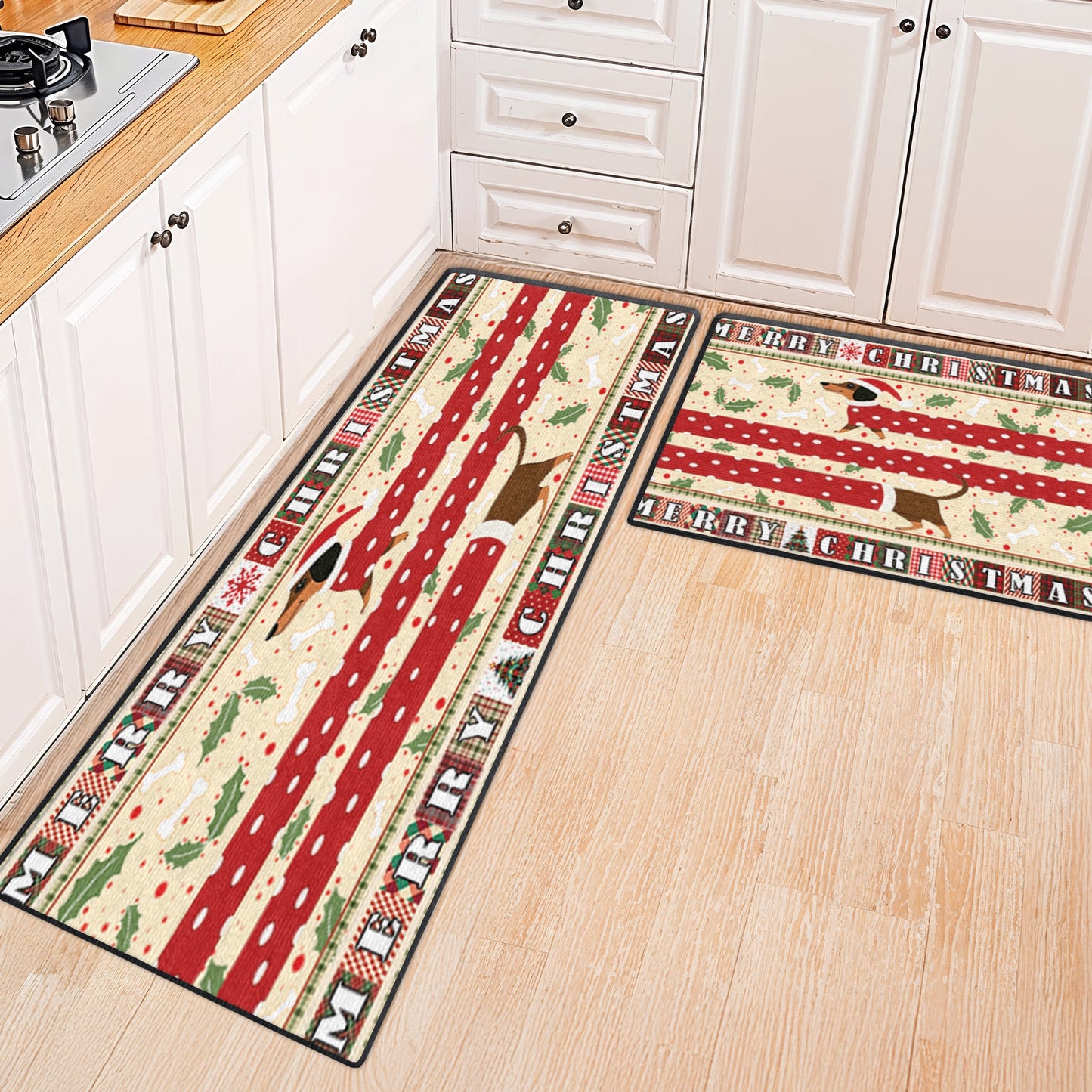 Shineful Ultra-Thin Non Skid Floor Mat, Kitchen Rugs Christmas Playful Dachshund