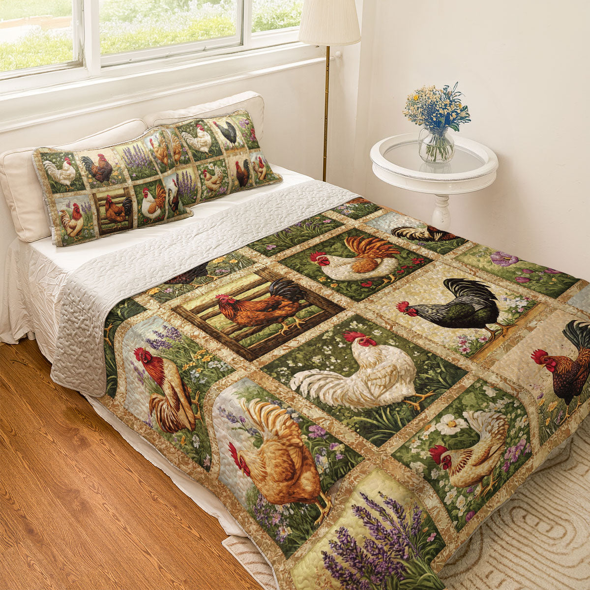 Shineful All Season Quilt 3-Piece Set Floral Chicken Vintage