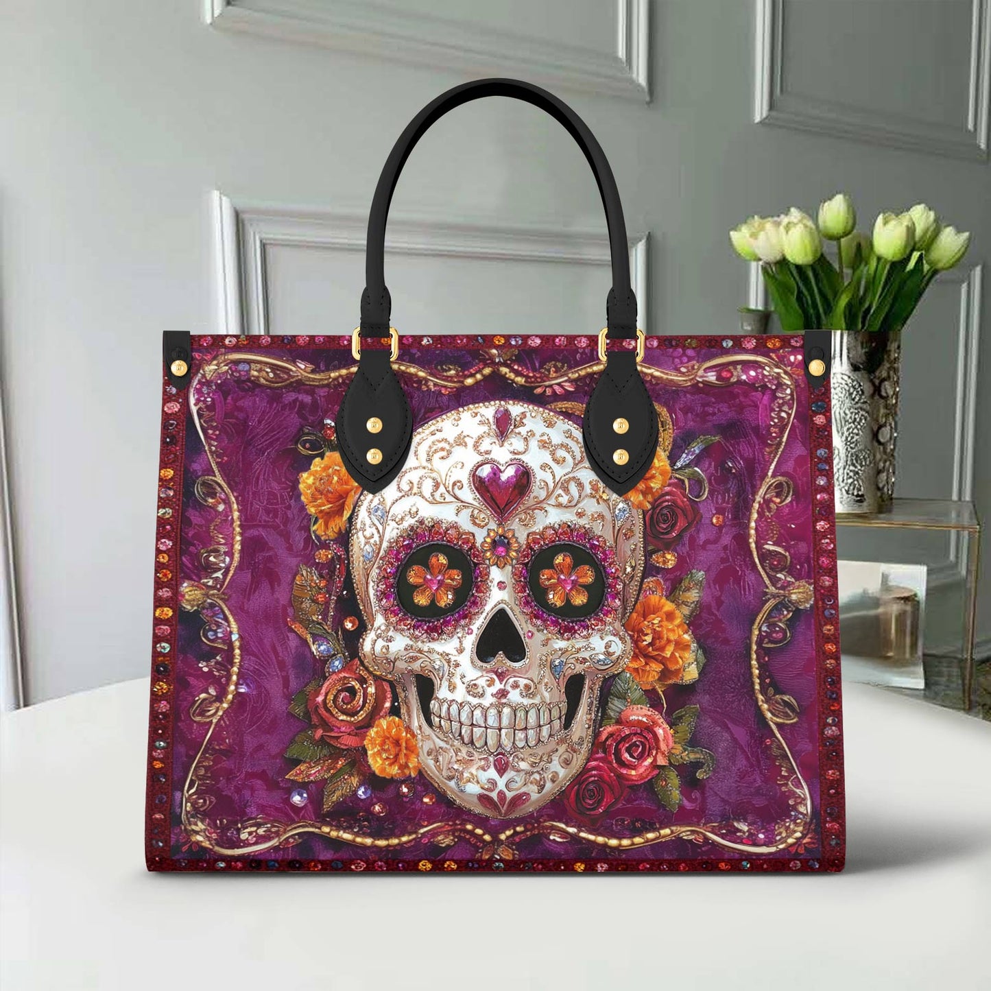 Shineful Leather Bag Vibrant Sugar Skull Elegance