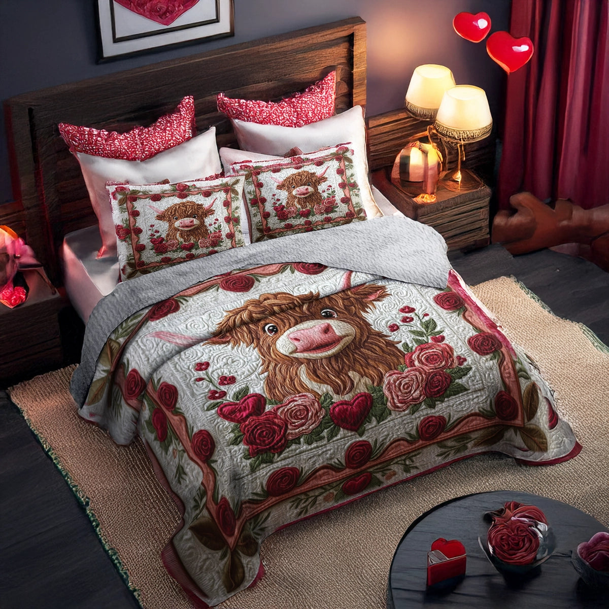 Shineful All Season Quilt 3-Piece Set Rustic Hearts Highland Cow