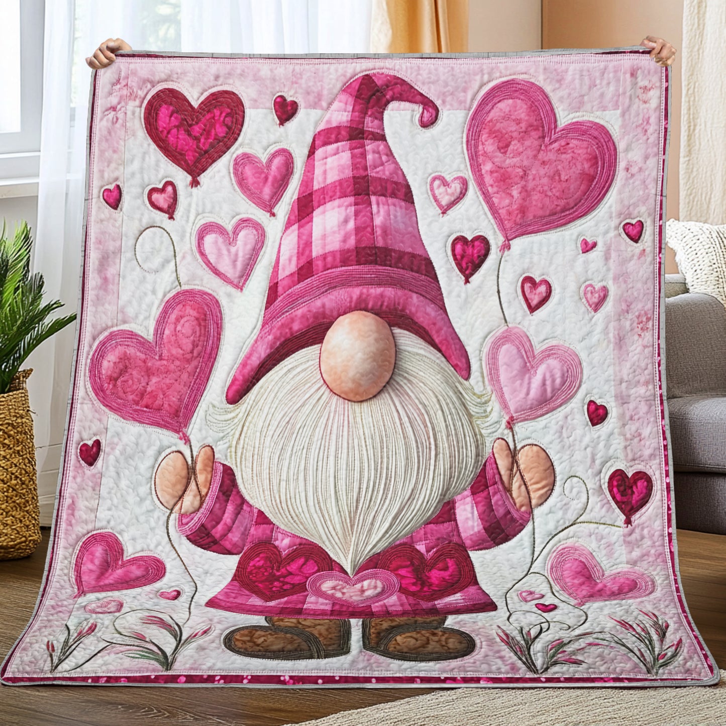 Shineful Flat Print Faux Quilt Blanket Gnome's Hearts