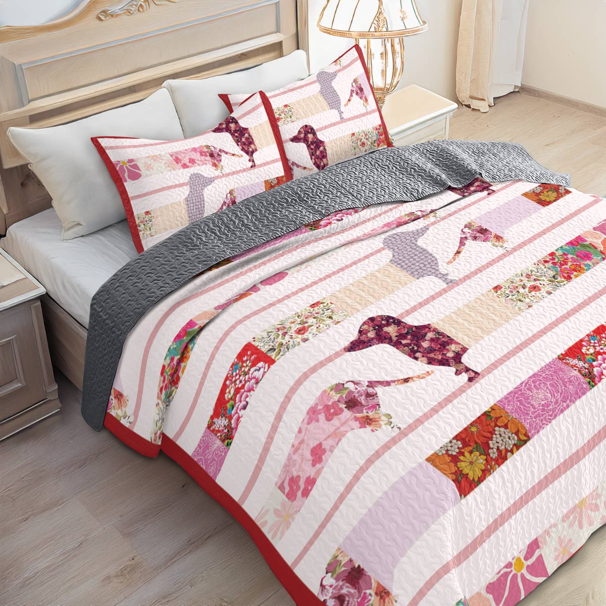 Shineful All Season Quilt 3-Piece Set Floral Dachshunds