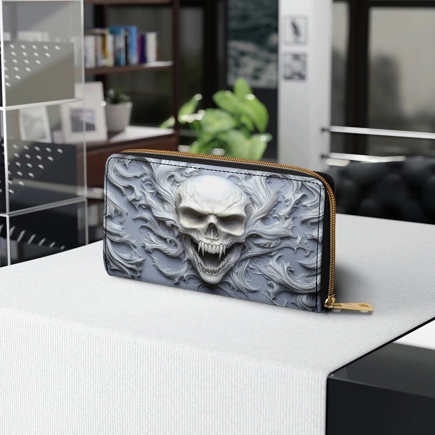 Shineful Leather Clutch Purse With Wristlet Strap Handle Skull Wraith Frost