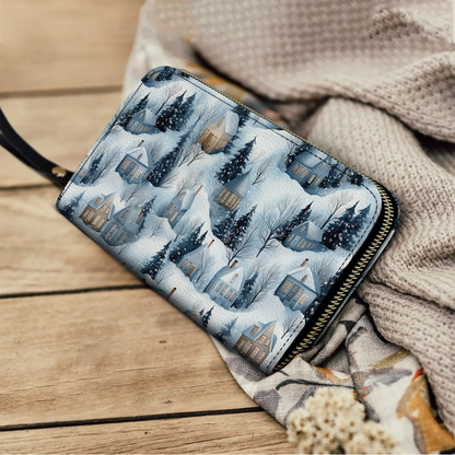 Shineful Leather Clutch Purse With Wristlet Strap Handle Snow Village