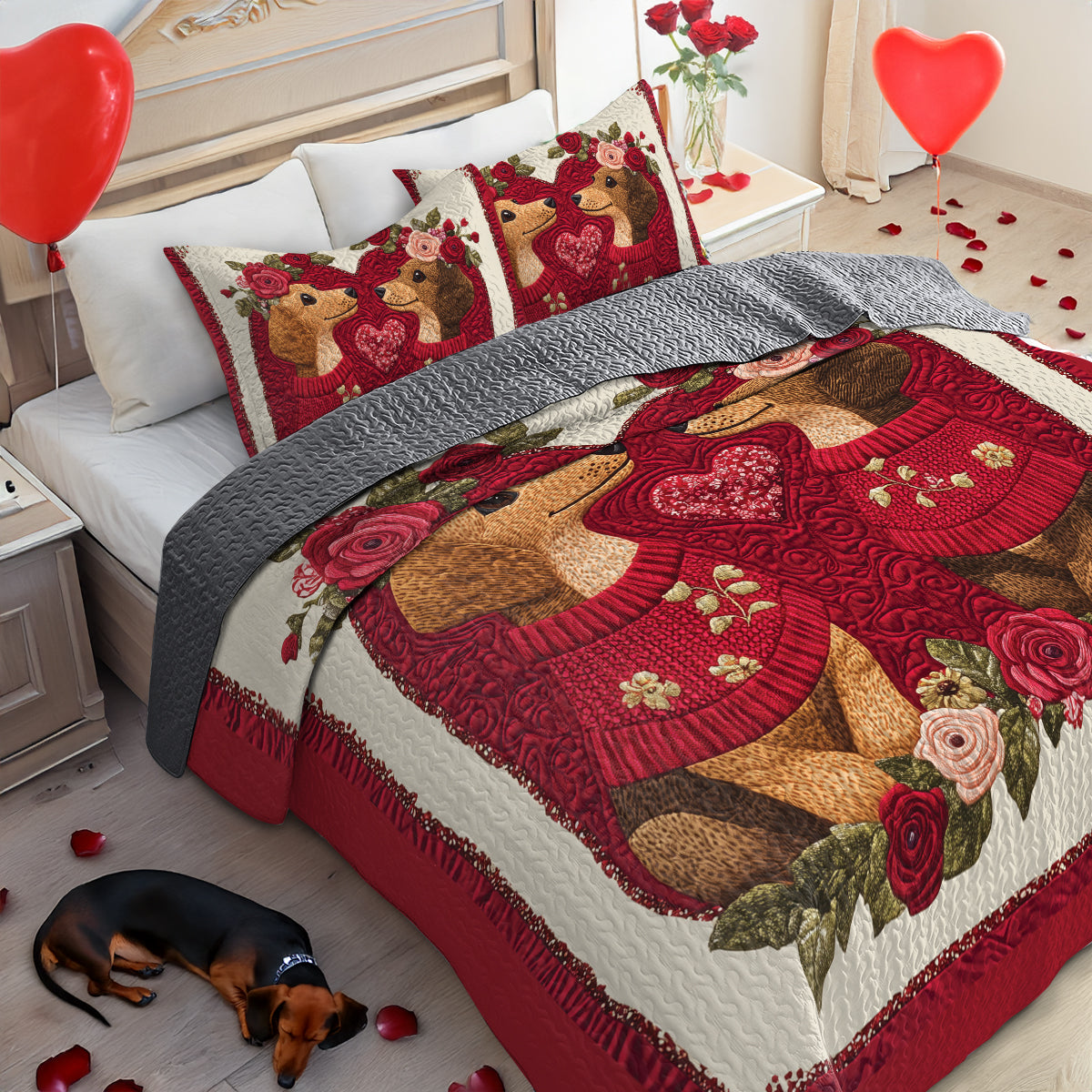 Shineful All Season Quilt 3-Piece Set Heart Floral Dachshund Couple