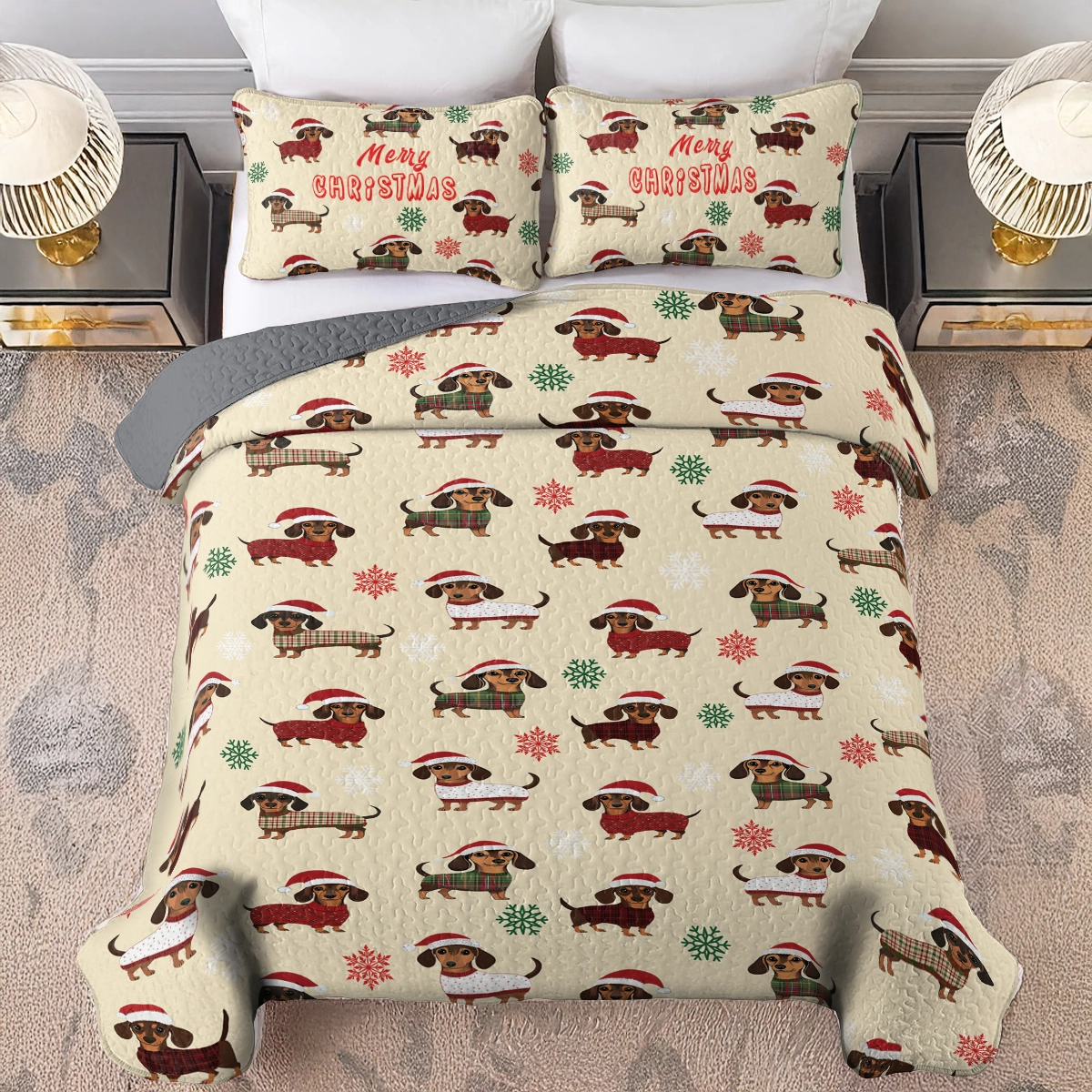 Shineful All Season Quilt 3-Piece Set - Dashing Dachshund Christmas Dreams