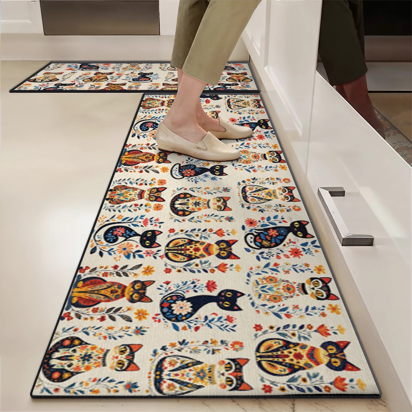 Shineful Ultra-Thin Non Skid Floor Mat, Kitchen Rugs Purr-fectly Floral Cat