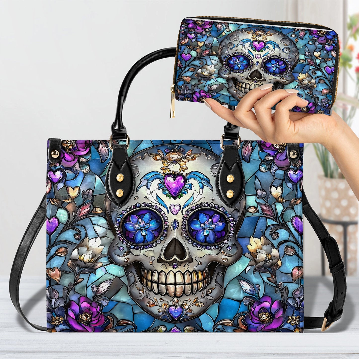 Glänzende Ledertasche Lumina Gothic Skull