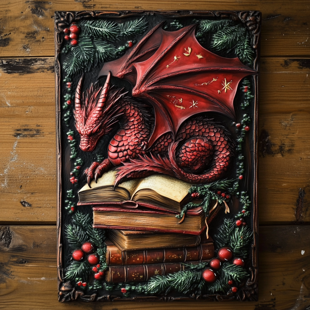 Panneau en métal 2D brillant Majestic Christmas Dragon Books