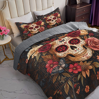 Shineful All Season Quilt 3-Piece Set - Dark Bloom Sugar Skull