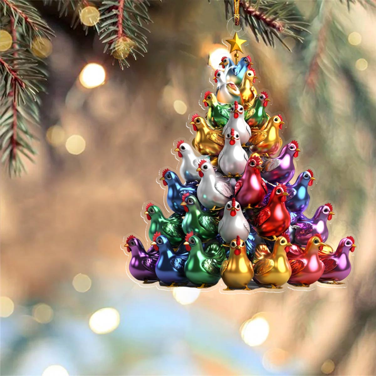 Glänzendes 2D Acryl Ornament Bunte Hühner Weihnachtsbaum