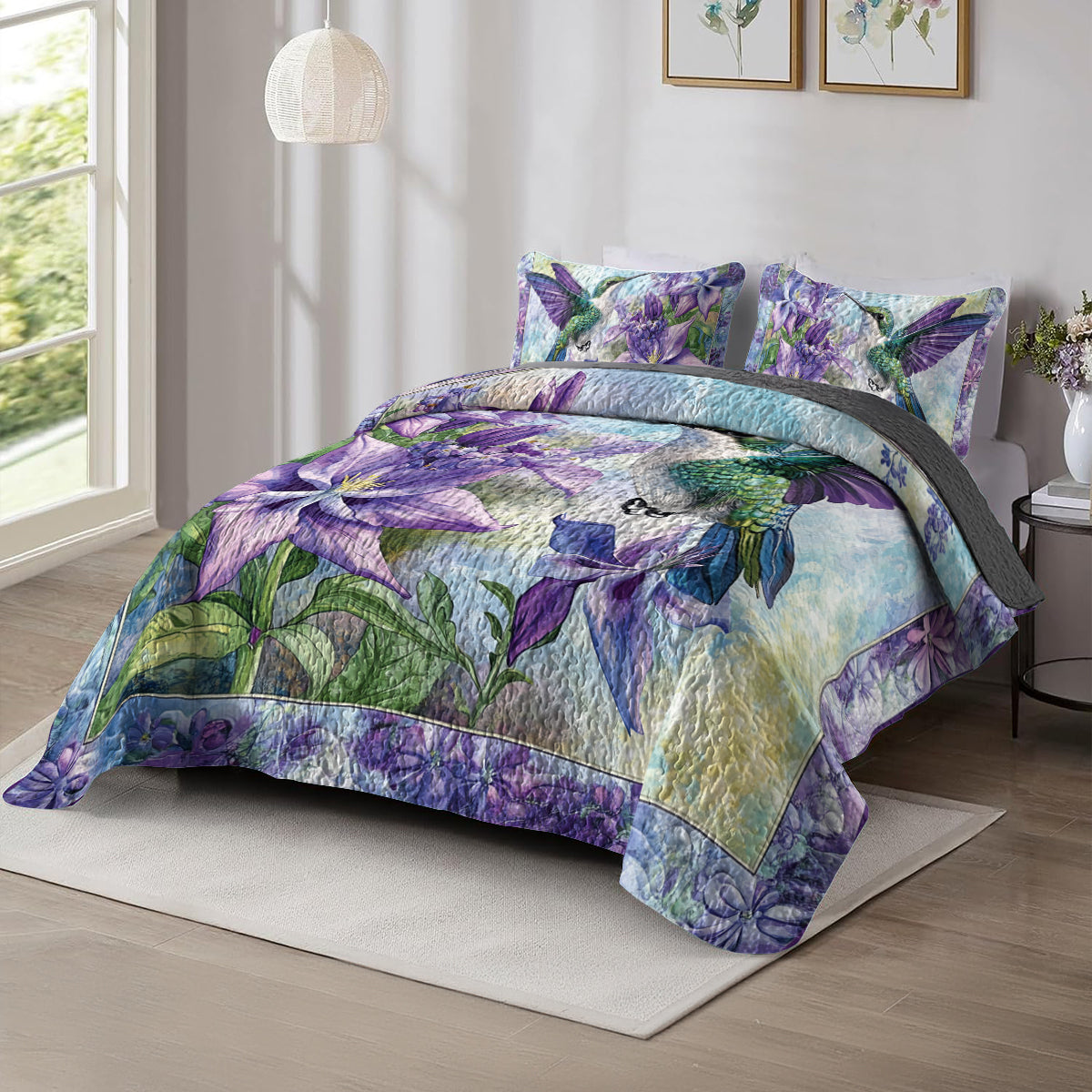 Shineful All Season Quilt 3-Piece Set Hummingbird Lavender Bloom